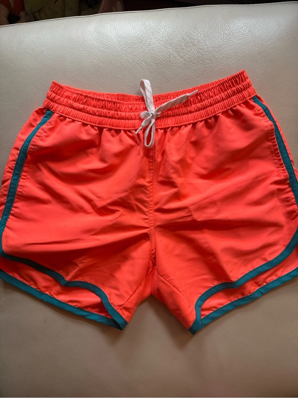 chubbies Neon Coral Swim Trunks with Teal Trim